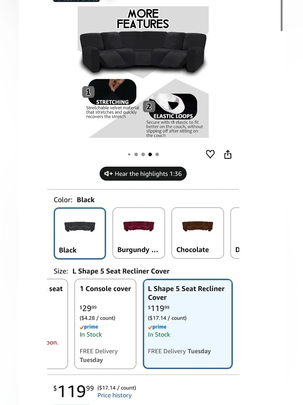 Stretch Reclining couch covers (Black, 5 seat covers)
